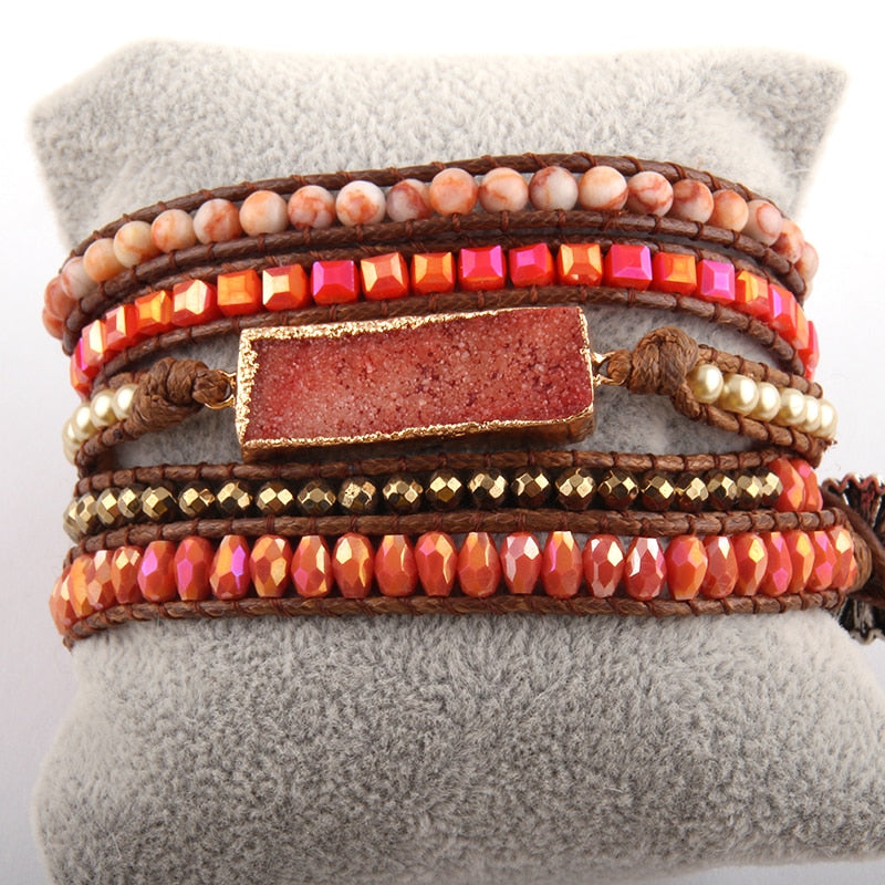 Boho Bracelet, RH 5 Layers Leather Wrap Bracelet, Natural Stones, Gold Purple Sapphire