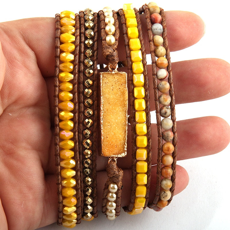 Boho Bracelet, RH 5 Layers Leather Wrap Bracelet, Natural Stones, Gold Purple Sapphire