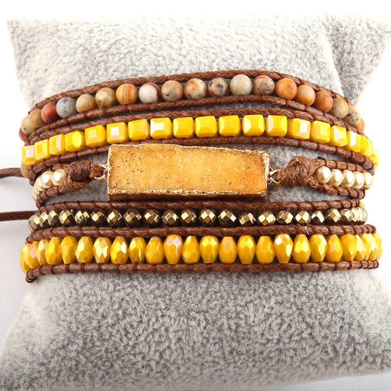 Boho Bracelet, RH 5 Layers Leather Wrap Bracelet, Natural Stones, Gold Purple Sapphire