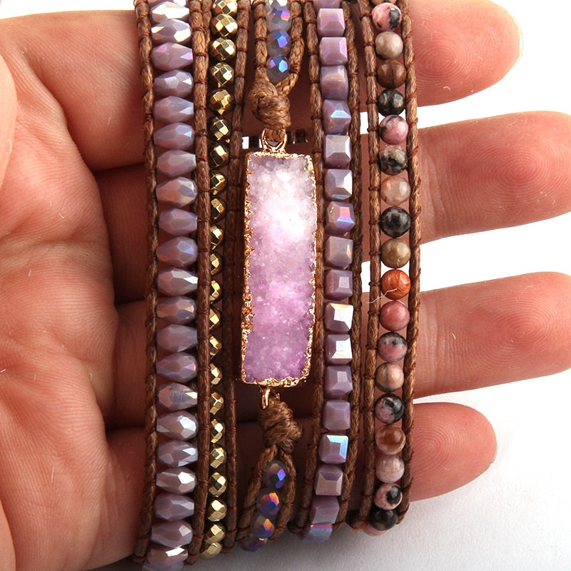 Boho Bracelet, RH 5 Layers Leather Wrap Bracelet, Natural Stones, Gold Purple Sapphire