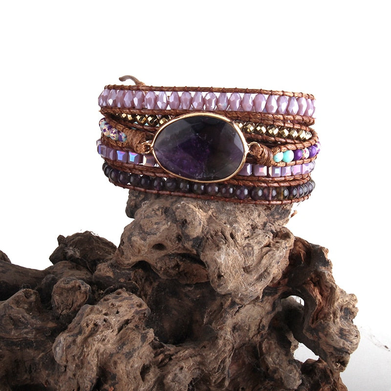 Boho Bracelet, RH 5 Layers Leather Wrap Bracelet, Natural Stones, Violet Amythyst