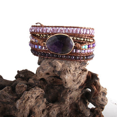 Boho Bracelet, RH 5 Layers Leather Wrap Bracelet, Natural Stones, Violet Amythyst