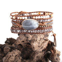 Boho Bracelet, RH 5 Layers Leather Wrap Bracelet, Natural Stones, Violet Amythyst