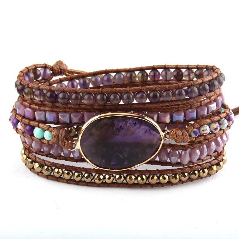 Boho Bracelet, RH 5 Layers Leather Wrap Bracelet, Natural Stones, Violet Amythyst