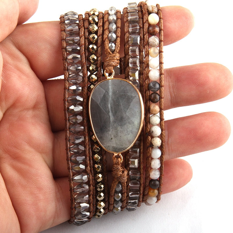 Boho Bracelet, RH 5 Layers Leather Wrap Bracelet, Natural Stones, Violet Amythyst