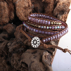 Boho Bracelet, RH 5 Layers Leather Wrap Bracelet, Natural Stones, Violet Amythyst