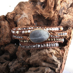 Boho Bracelet, RH 5 Layers Leather Wrap Bracelet, Natural Stones, Violet Amythyst