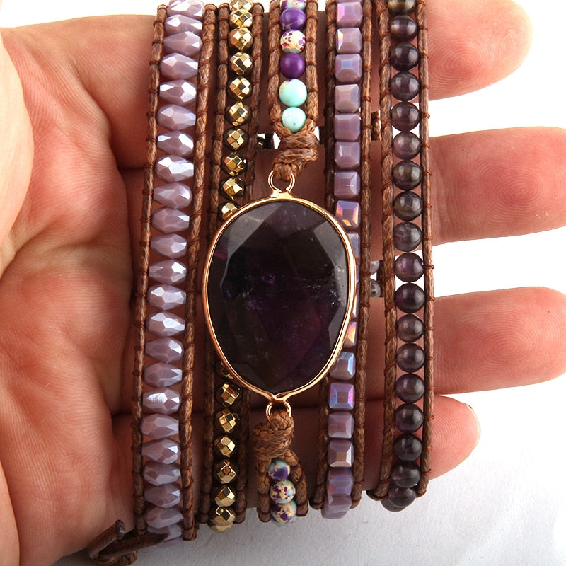 Boho Bracelet, RH 5 Layers Leather Wrap Bracelet, Natural Stones, Violet Amythyst