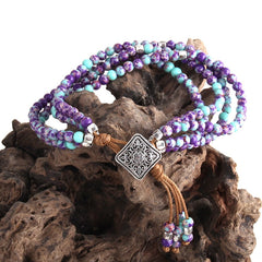 Boho Bracelet, RH 3 Layers Leather Wrap Bracelet,  Green and Purple Natural Stones