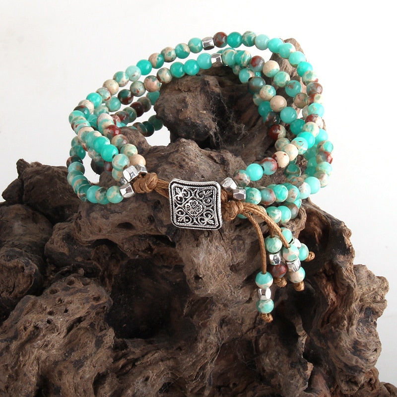 Boho Bracelet, RH 3 Layers Leather Wrap Bracelet,  Green and Purple Natural Stones