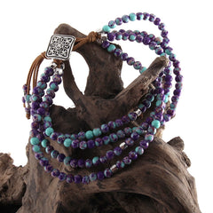 Boho Bracelet, RH 3 Layers Leather Wrap Bracelet,  Green and Purple Natural Stones
