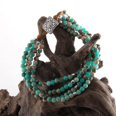 Boho Bracelet, RH 3 Layers Leather Wrap Bracelet,  Green and Purple Natural Stones