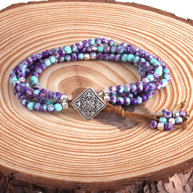 Boho Bracelet, RH 3 Layers Leather Wrap Bracelet,  Green and Purple Natural Stones