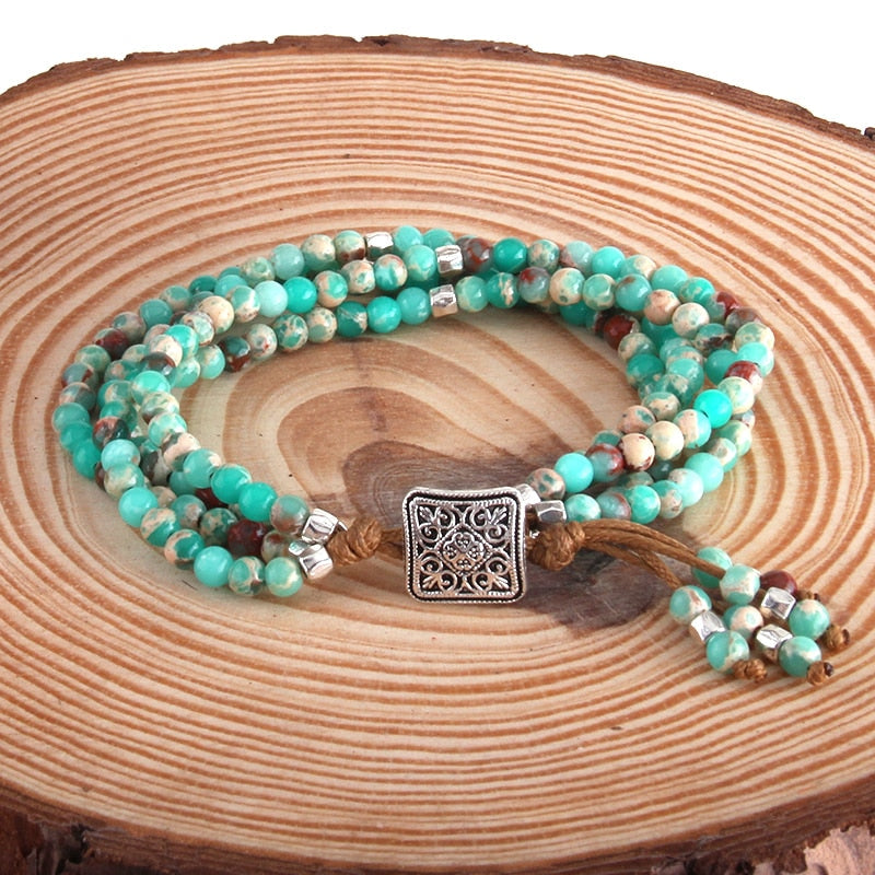 Boho Bracelet, RH 3 Layers Leather Wrap Bracelet,  Green and Purple Natural Stones
