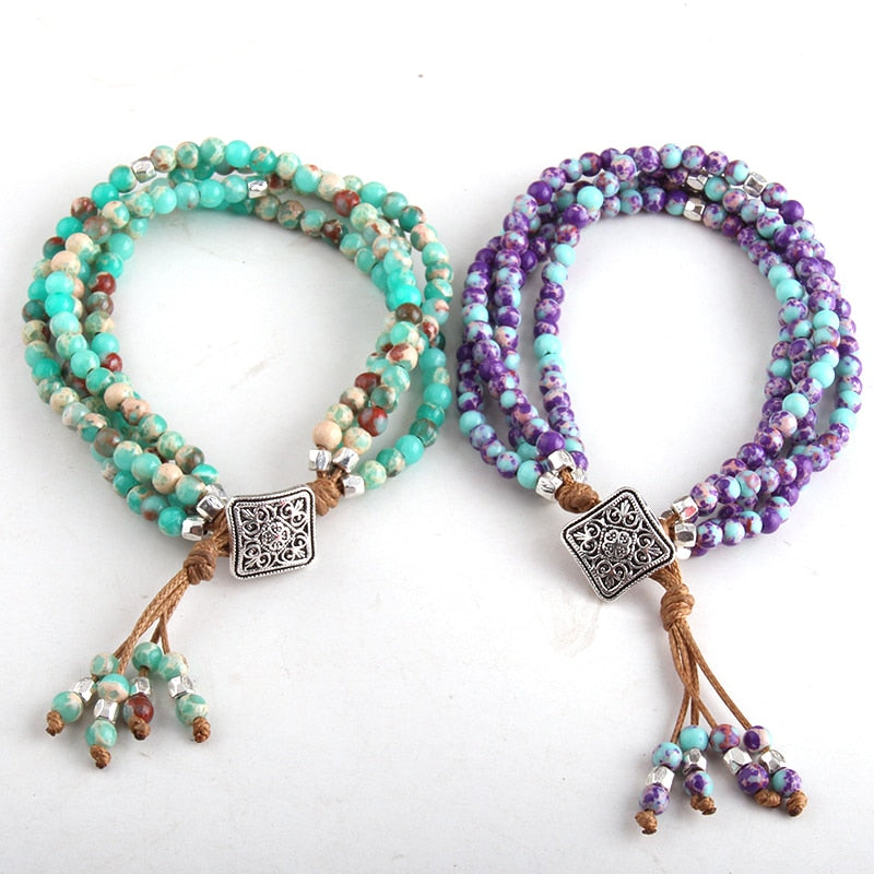 Boho Bracelet, RH 3 Layers Leather Wrap Bracelet,  Green and Purple Natural Stones