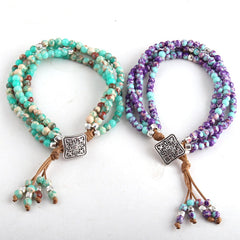 Boho Bracelet, RH 3 Layers Leather Wrap Bracelet,  Green and Purple Natural Stones
