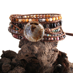 Boho Bracelet, RH 5 Layers Leather Wrap Bracelet, Natural Stones, Dusty Brown Armbander