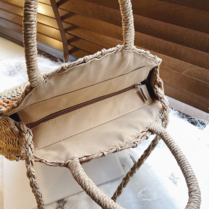 Boho Bag, Woven Round Straw Bag, Alba Yellow Rainbow