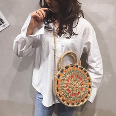 Boho Bag, Woven Round Straw Bag, Alba Yellow Rainbow