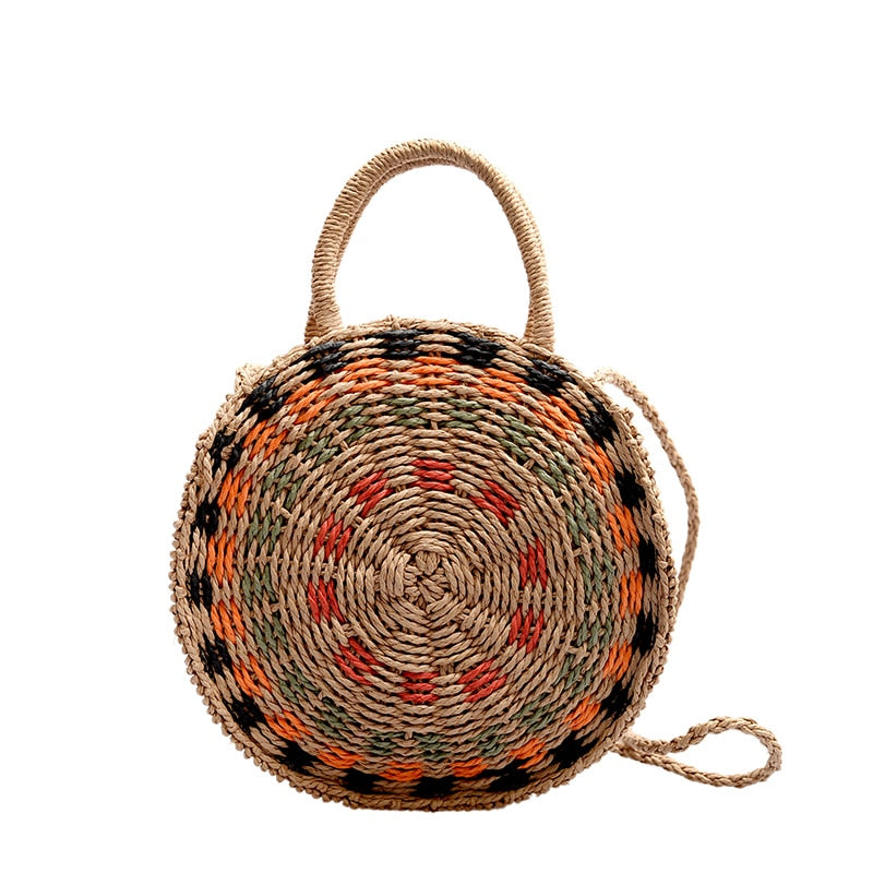 Boho Bag, Woven Round Straw Bag, Alba Yellow Rainbow
