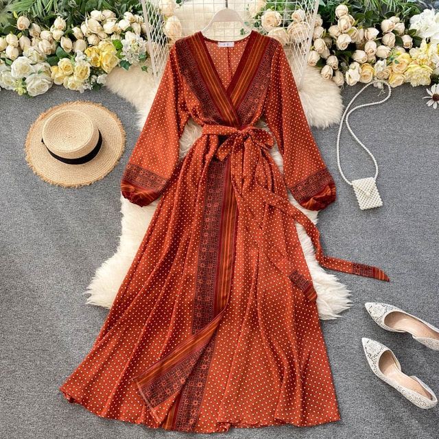 Vintage Dress, Boho Maxi Dress, Gown, India Dot in Brick, Brown and Gray