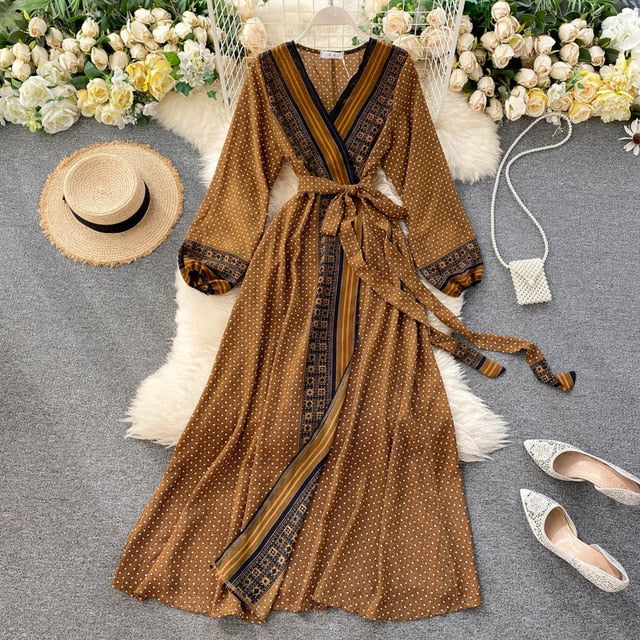 Vintage Dress, Boho Maxi Dress, Gown, India Dot in Brick, Brown and Gray