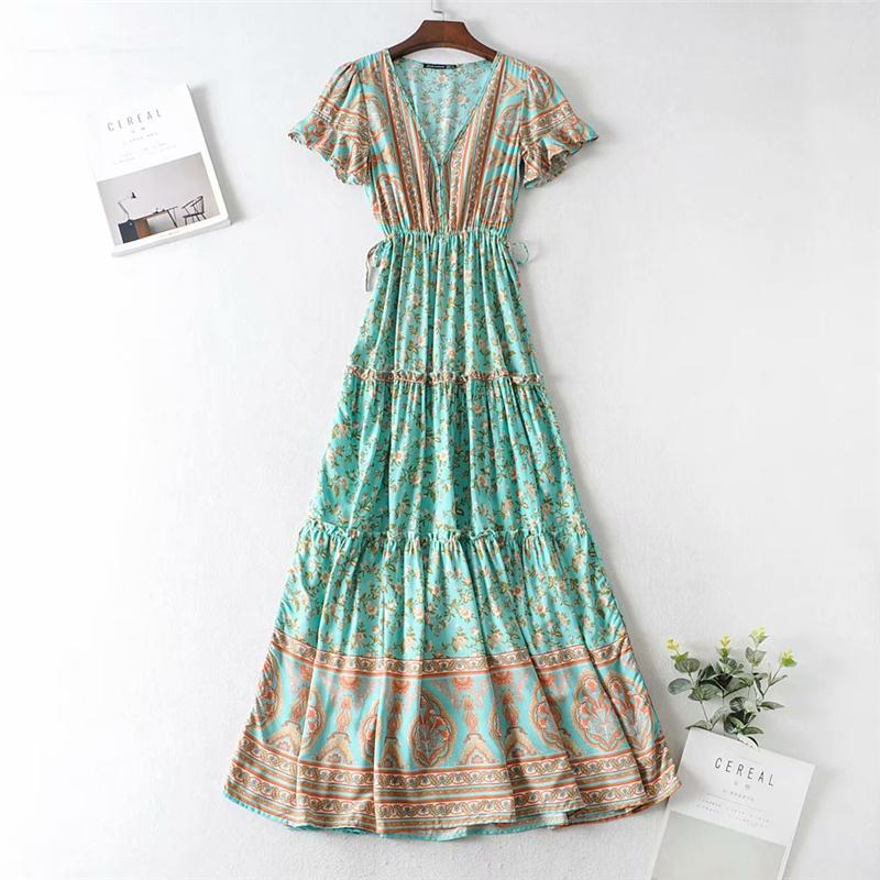 Boho Maxi Dress, Sundress, Wild Floral in Green Mint