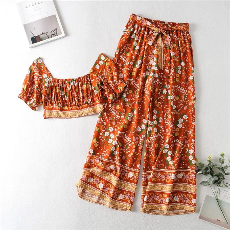 Boho Two Piece Set, Two Piece Pants Set, Wild Floral in Sienna Brown