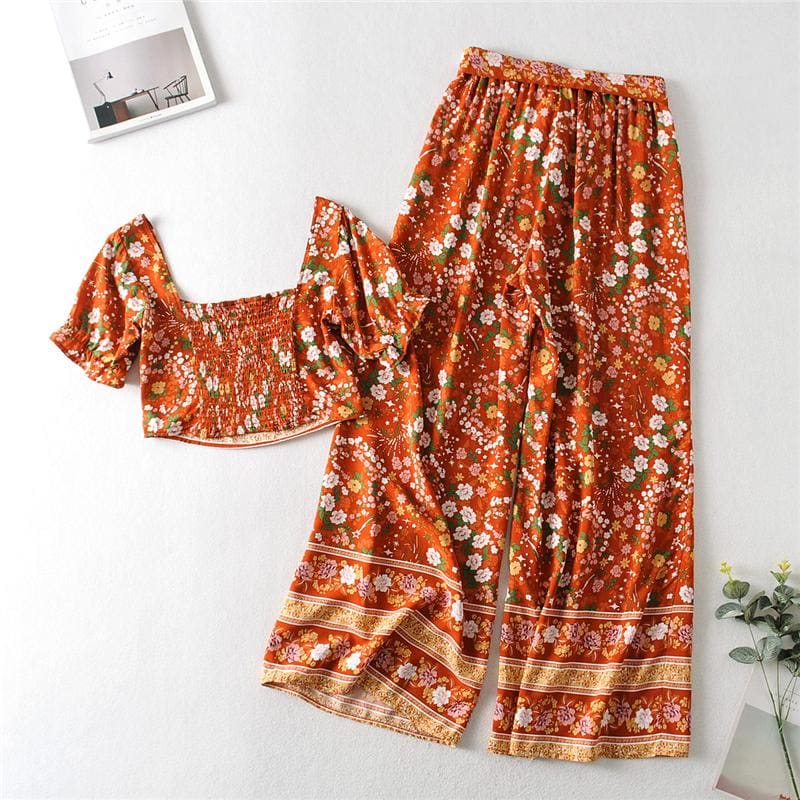 Boho Two Piece Set, Two Piece Pants Set, Wild Floral in Sienna Brown