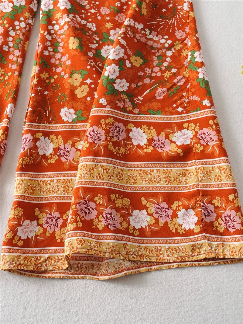 Boho Two Piece Set, Two Piece Pants Set, Wild Floral in Sienna Brown