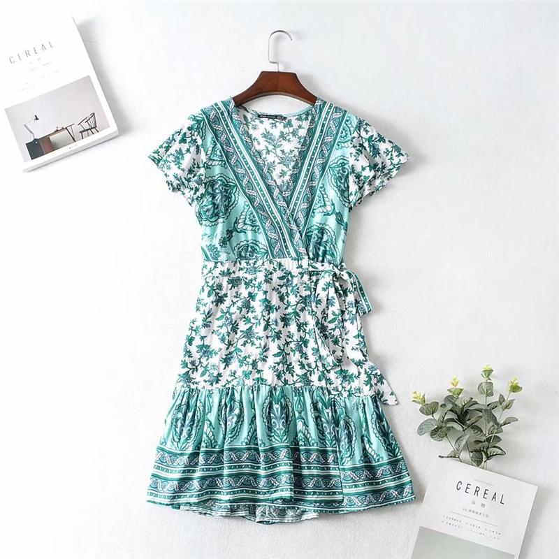 Boho Mini Dress Sundress, Wrap dress, Wild Floral Fresh Green Mint