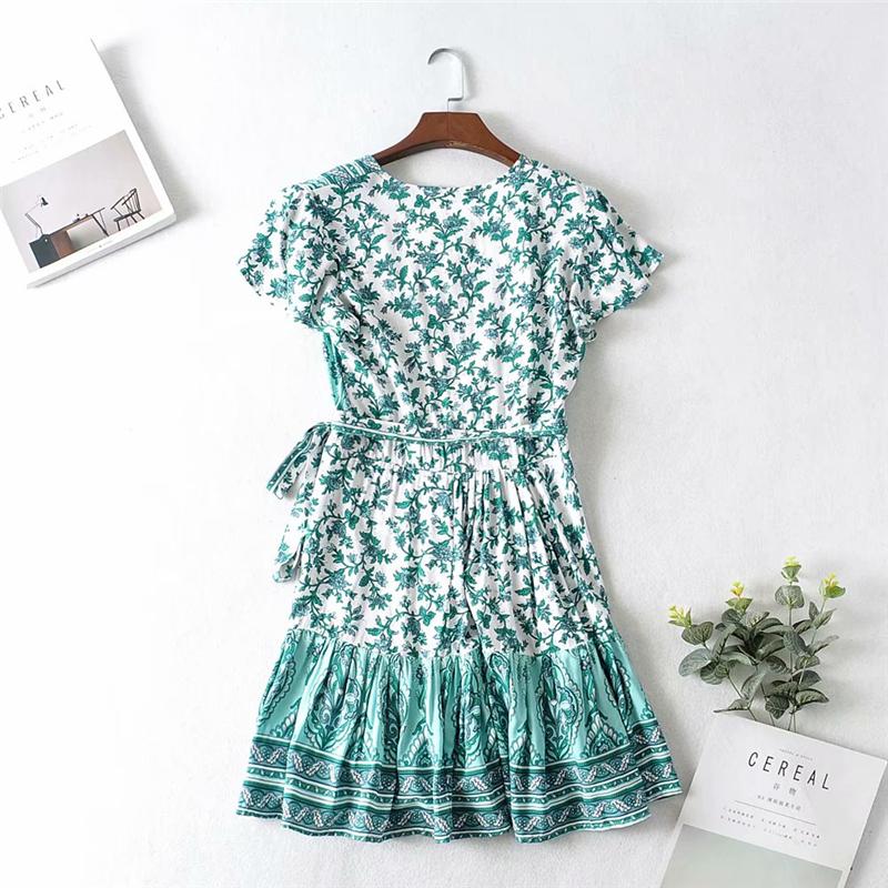 Boho Mini Dress Sundress, Wrap dress, Wild Floral Fresh Green Mint