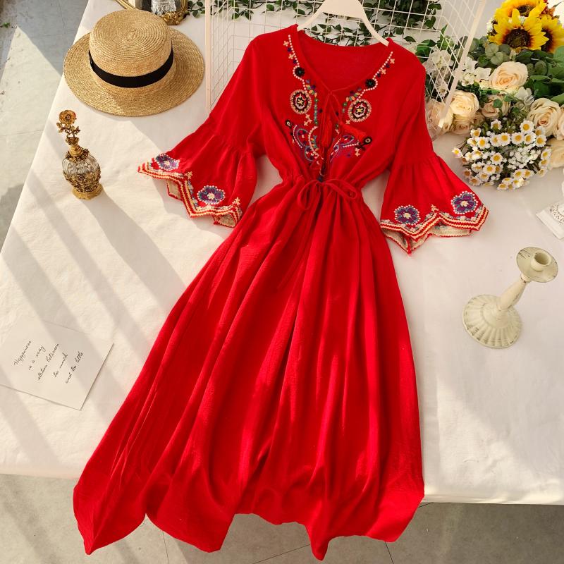 Vintage Dress, Boho Midi Dress, Dress, Gown, Embroidered Dress Hope in Blue, Red, White and Yellow