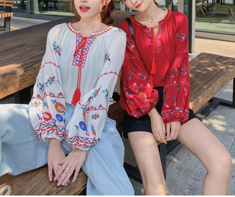 Boho Tops for Women, Boho Tops for Women, Boho Blouse,  Embroidery Cotton in Red