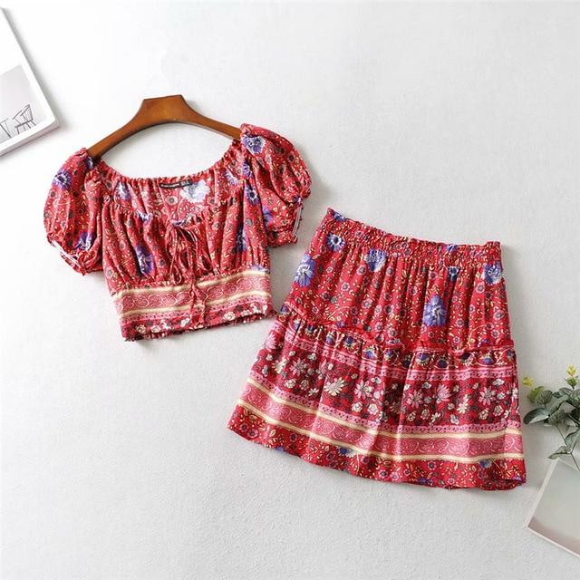Boho Two Piece Set, Two Piece Skirt Set, Wild Floral in Red