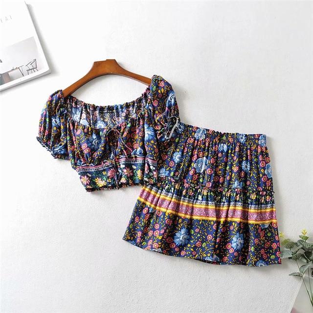 Boho Two Piece Set, Two Piece Skirt Set, Wild Floral in Navy