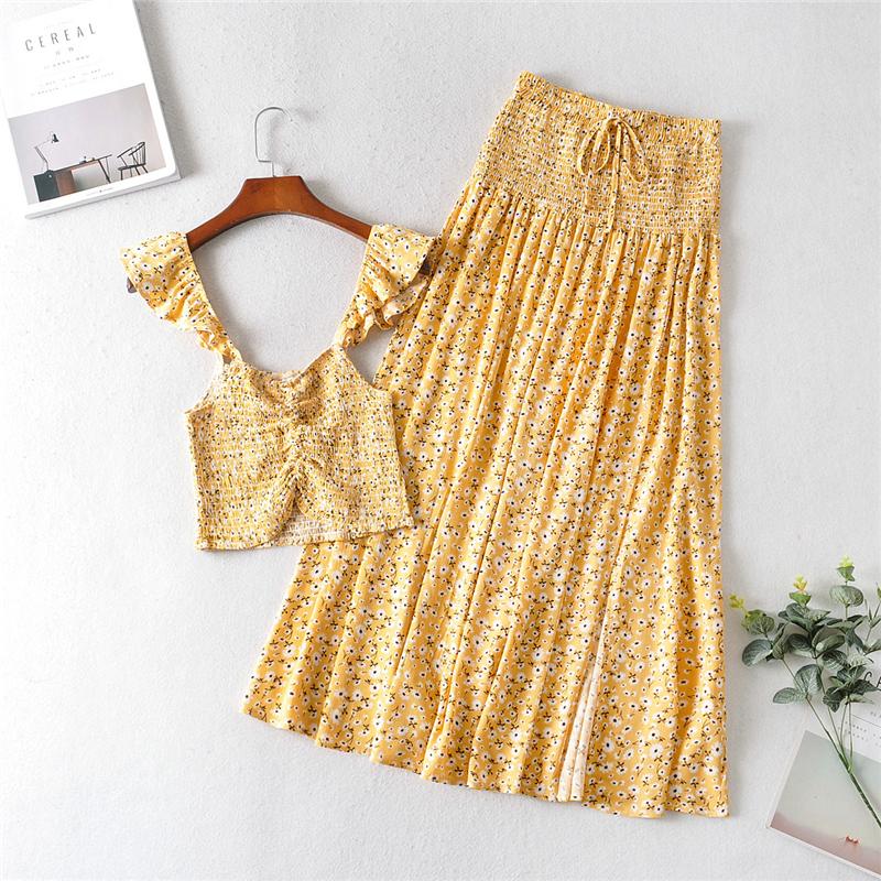Boho Two Piece Set, Two Piece Pants Set, Wild Floral Daisy Saffron