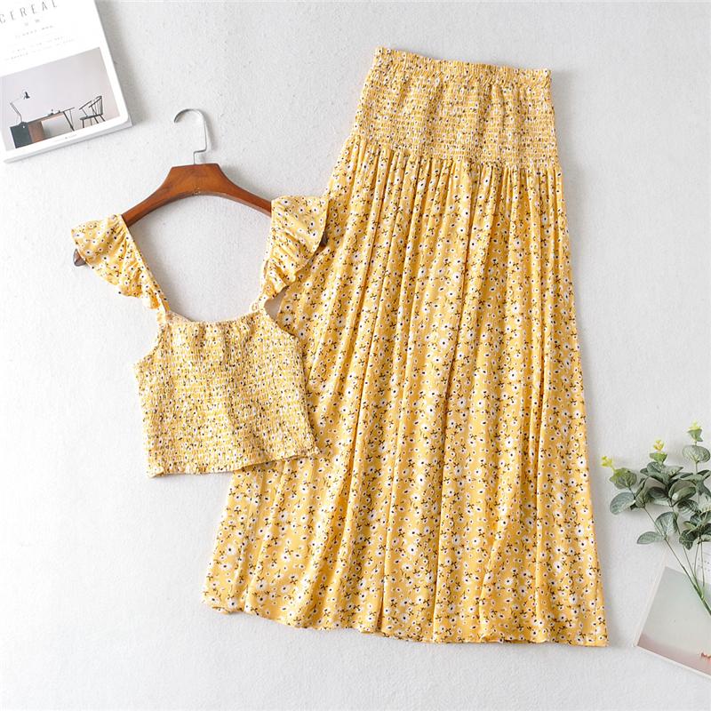 Boho Two Piece Set, Two Piece Pants Set, Wild Floral Daisy Saffron