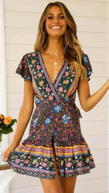 Boho Mini Dress, Sundress, Wrap Dress, Urban Flow in Red and Navy – Zittos