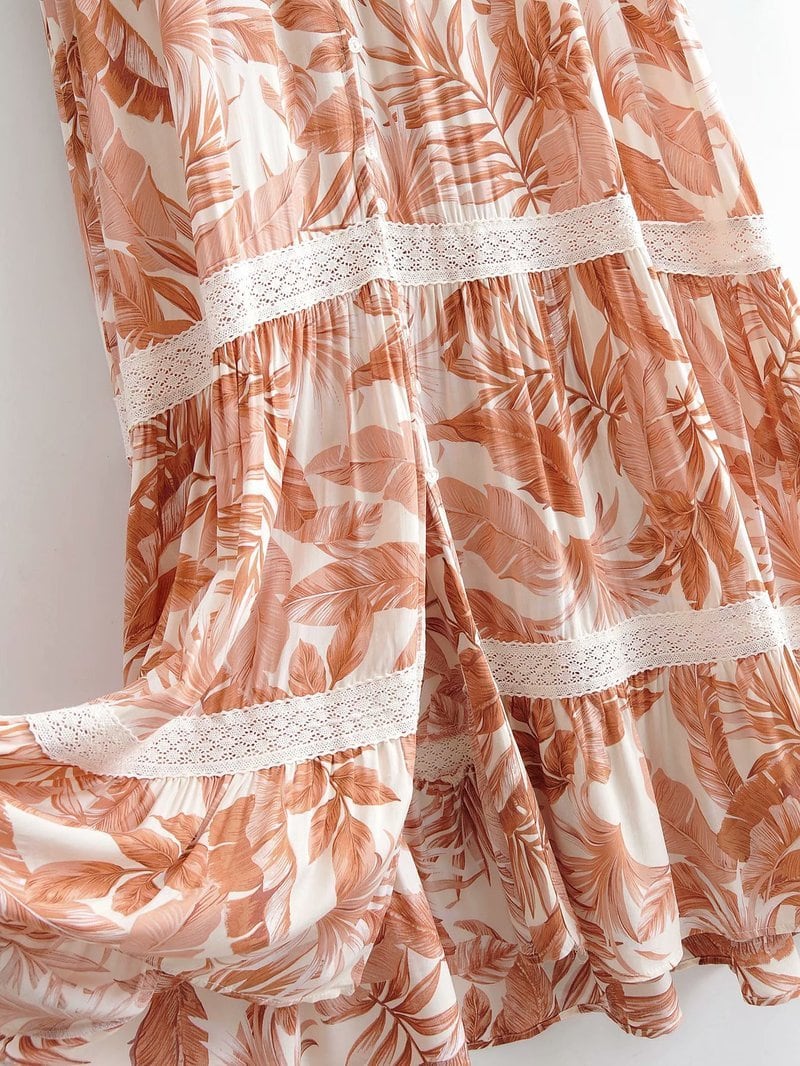 Boho Midi Dress, Tropical Forest in Dry Leave