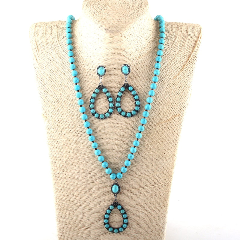 Boho Necklace, Jewelry Set, RH Turquoise White Blue Natural Stone