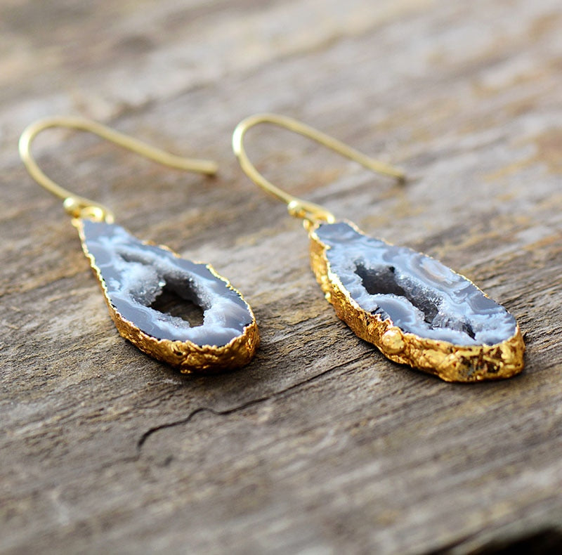 Boho Earrings, Dangle Earrings, Black Druzy