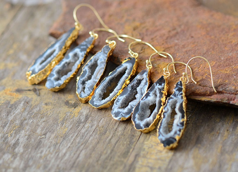 Boho Earrings, Dangle Earrings, Black Druzy