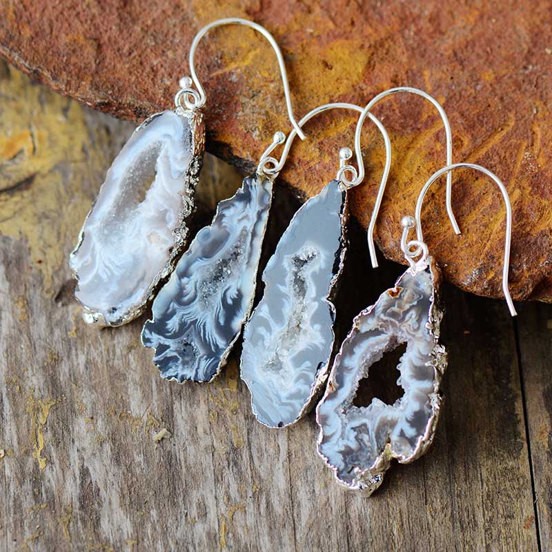 Boho Earrings, Dangle Earrings, Black Druzy