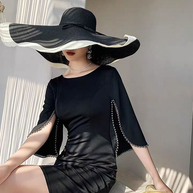 Boho Hat, Sun Hat, Beach Hat, Extra Wide Brim Straw Hat (25 cm), Two Tone Black White