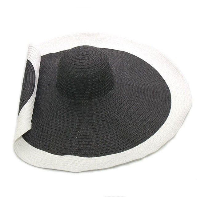 Boho Hat, Sun Hat, Beach Hat, Extra Wide Brim Straw Hat (25 cm), Two Tone Black White