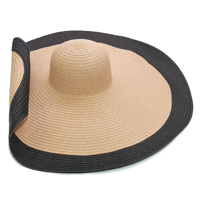 Boho Hat, Sun Hat, Beach Hat, Extra Wide Brim Straw Hat (25 cm), Two Tone Black White