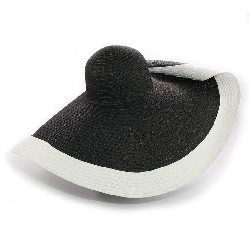 Boho Hat, Sun Hat, Beach Hat, Extra Wide Brim Straw Hat (25 cm), Two Tone Black White