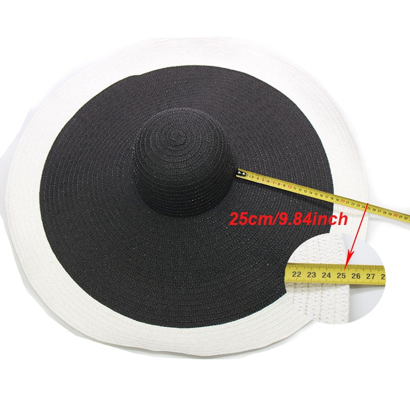 Boho Hat, Sun Hat, Beach Hat, Extra Wide Brim Straw Hat (25 cm), Two Tone Black White