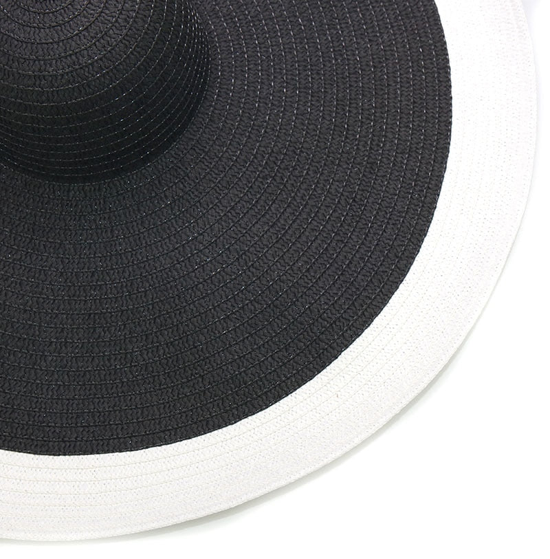 Boho Hat, Sun Hat, Beach Hat, Extra Wide Brim Straw Hat (25 cm), Two Tone Black White